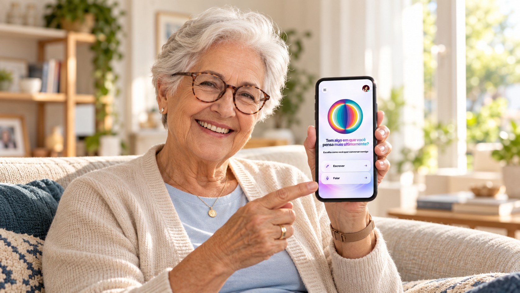 Older woman smiling and showing LENIA on a smartphone